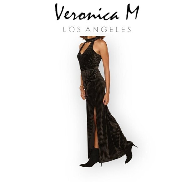 Sexy Slitted Black Velvet Dress by Veronica M - Picture 1 of 14